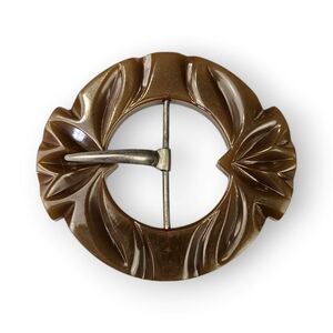 Vintage Bakelite Belt Buckle Dark Olive Green Art Deco Deep Carved 2.75" Long